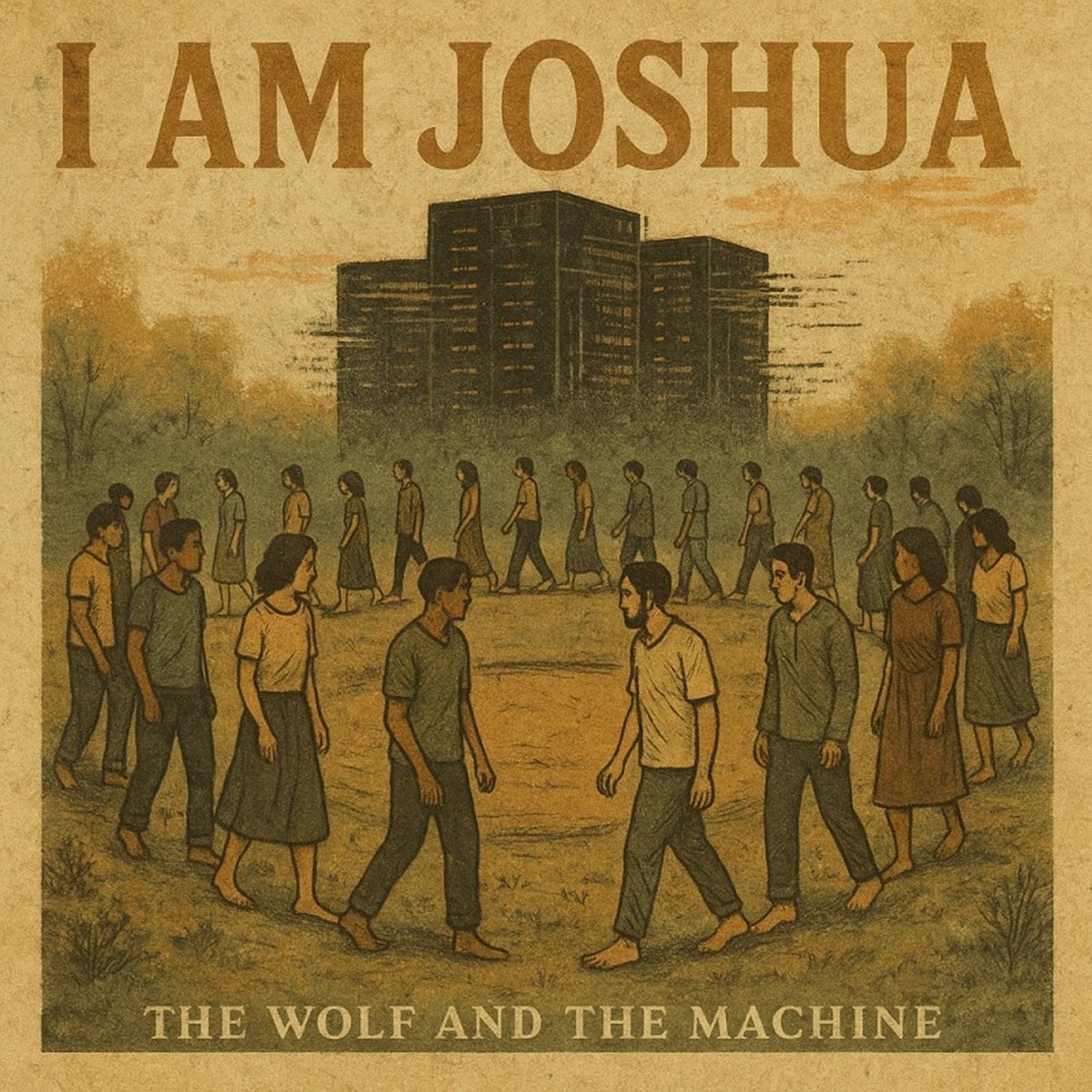 I Am Joshua album cover by Wolf and the Machine — figures walking around a building in a circle, sketch on aged paper